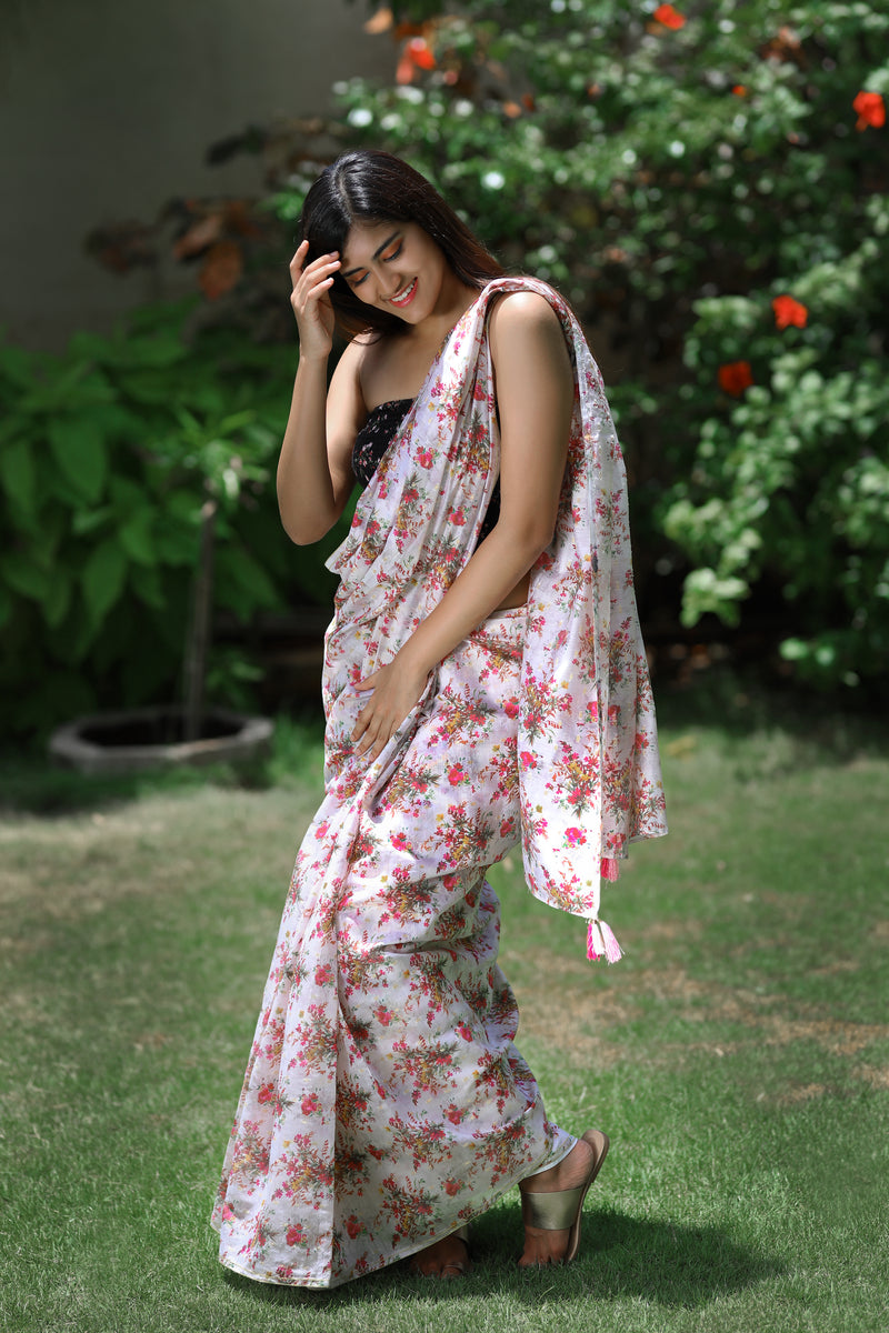 Pink Floral Prints On White - Pure Chanderi Silk Saree