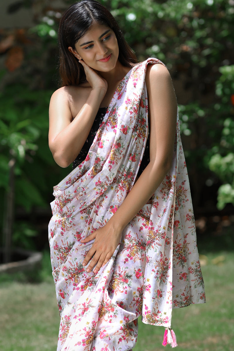 Pink Floral Prints On White - Pure Chanderi Silk Saree