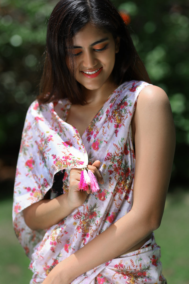 Pink Floral Prints On White - Pure Chanderi Silk Saree