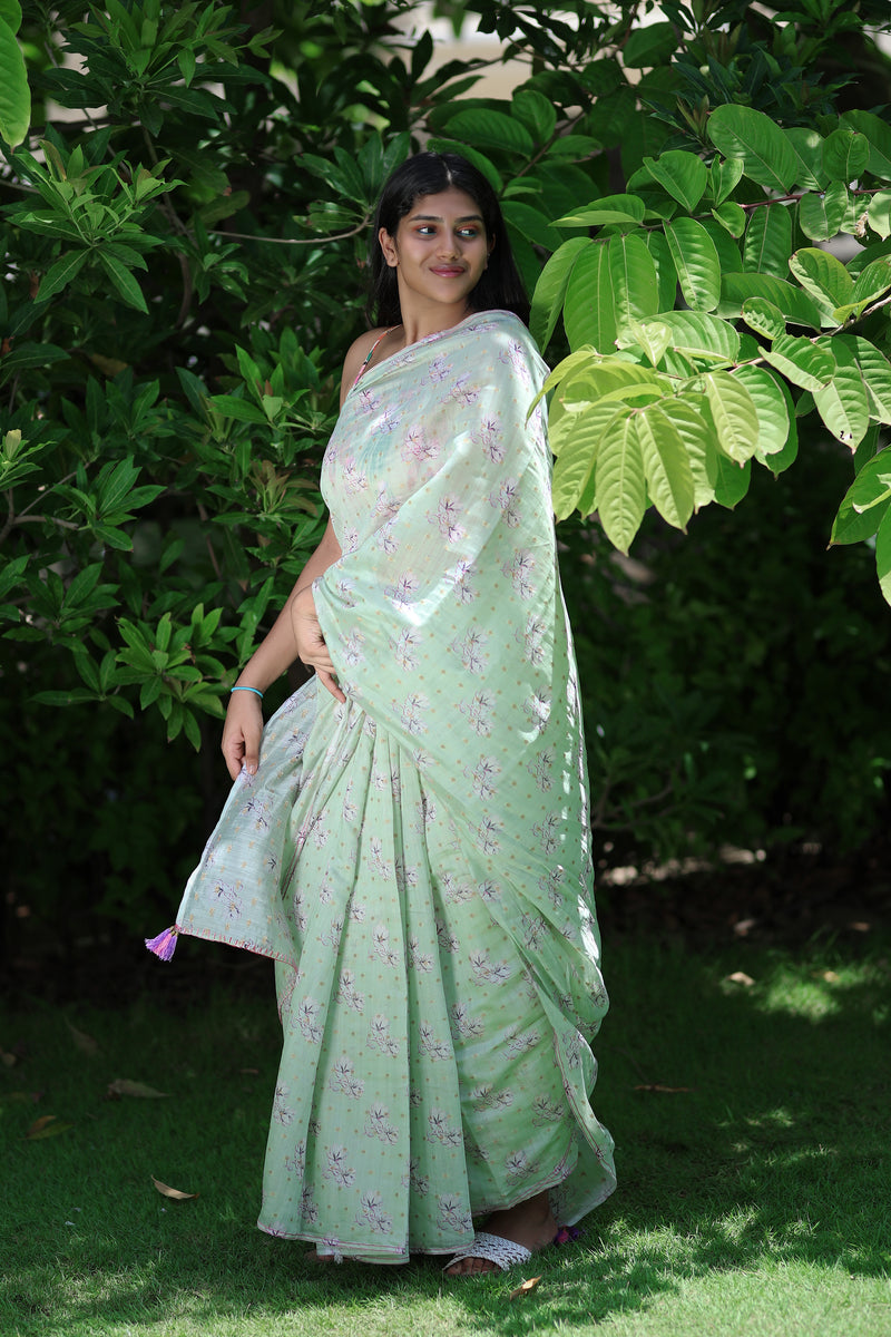 Pink Floral Prints On Green - Pure Chanderi Silk Saree