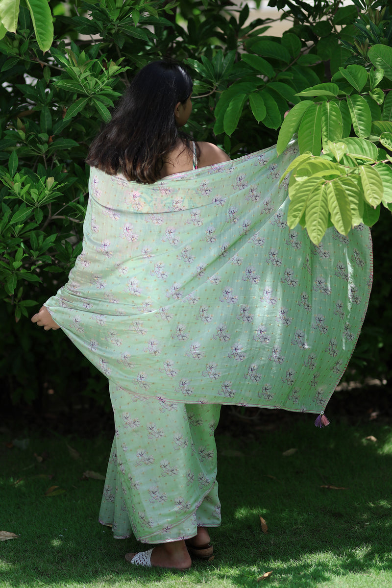 Pink Floral Prints On Green - Pure Chanderi Silk Saree