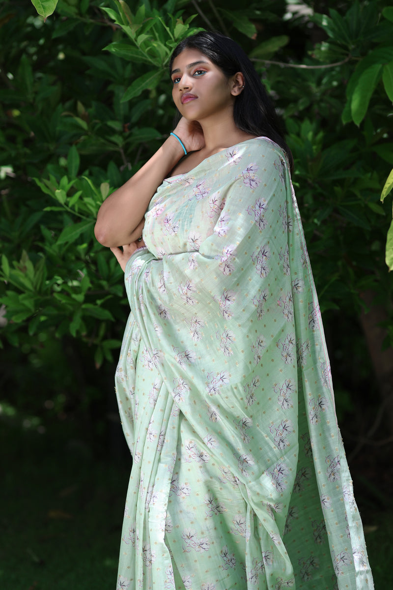 Pink Floral Prints On Green - Pure Chanderi Silk Saree