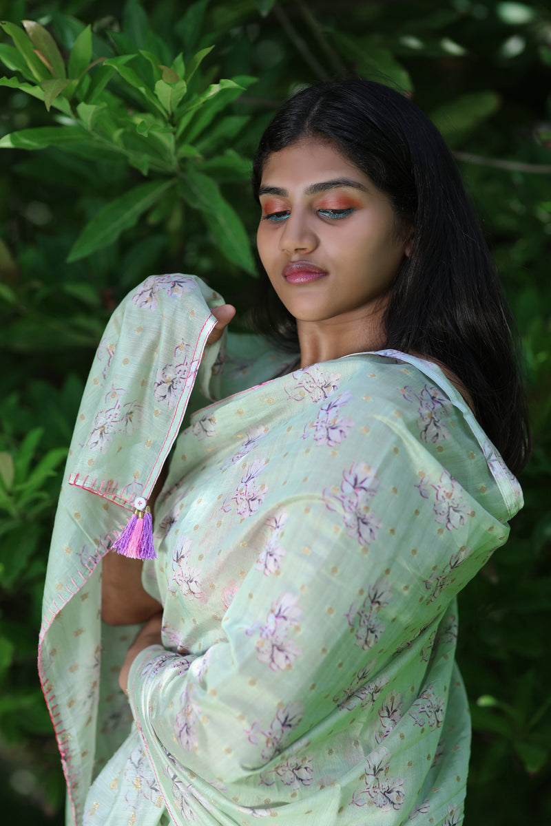 Pink Floral Prints On Green - Pure Chanderi Silk Saree