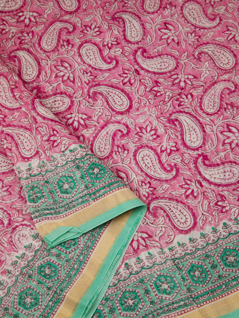Pink Paisley - Hand Block Printed Chanderi Silk Saree
