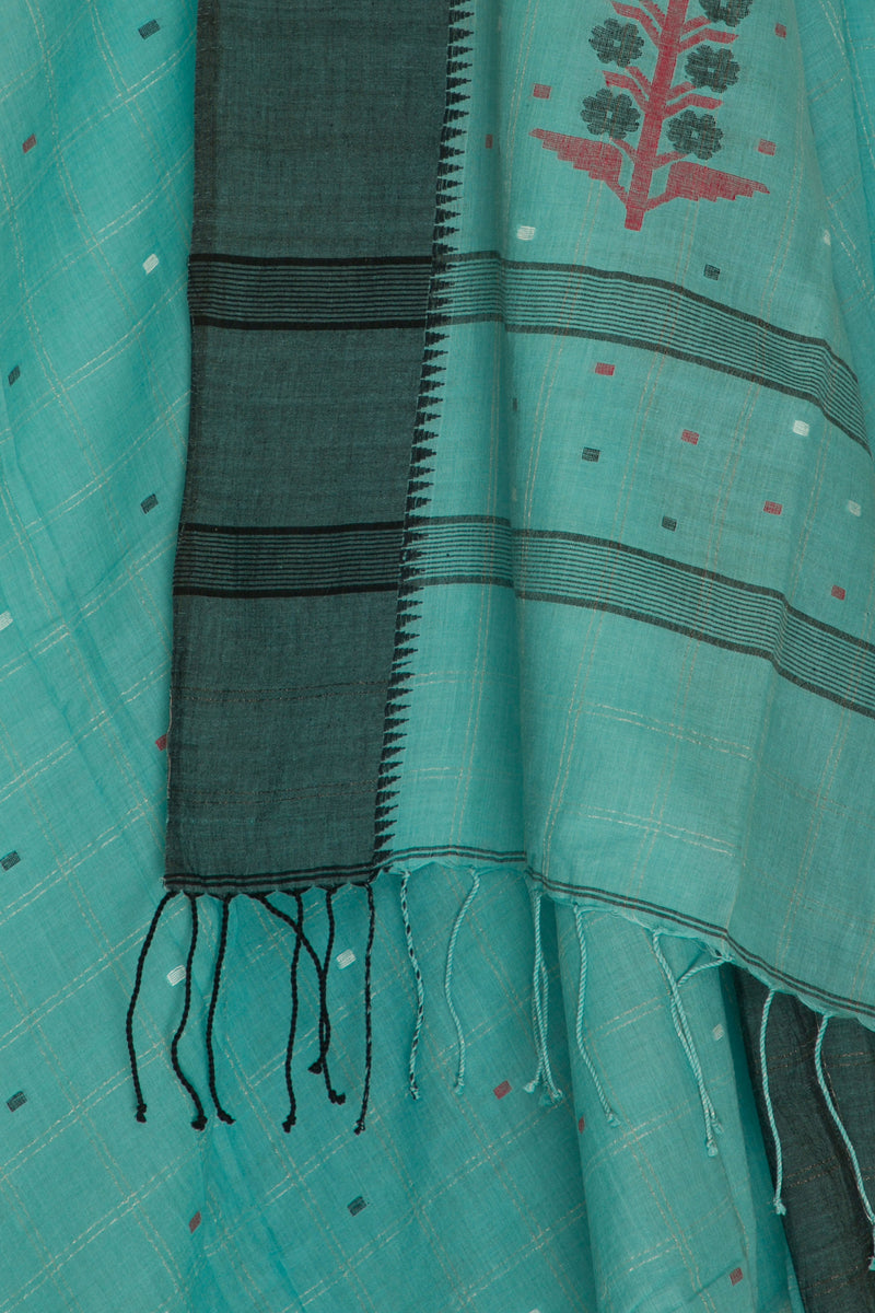 Floral Teal - Khadi Muslin Jamdani Saree