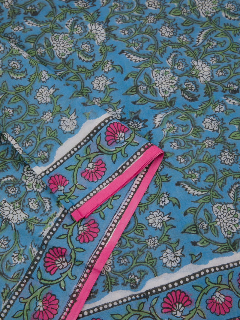 Blue Garden - Hand block Printed Mul  Saree