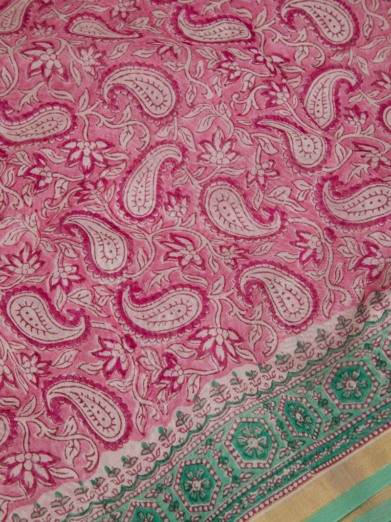 Pink Paisley - Hand Block Printed Chanderi Silk Saree