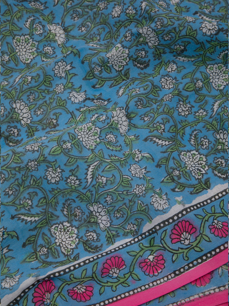 Blue Garden - Hand block Printed Mul  Saree