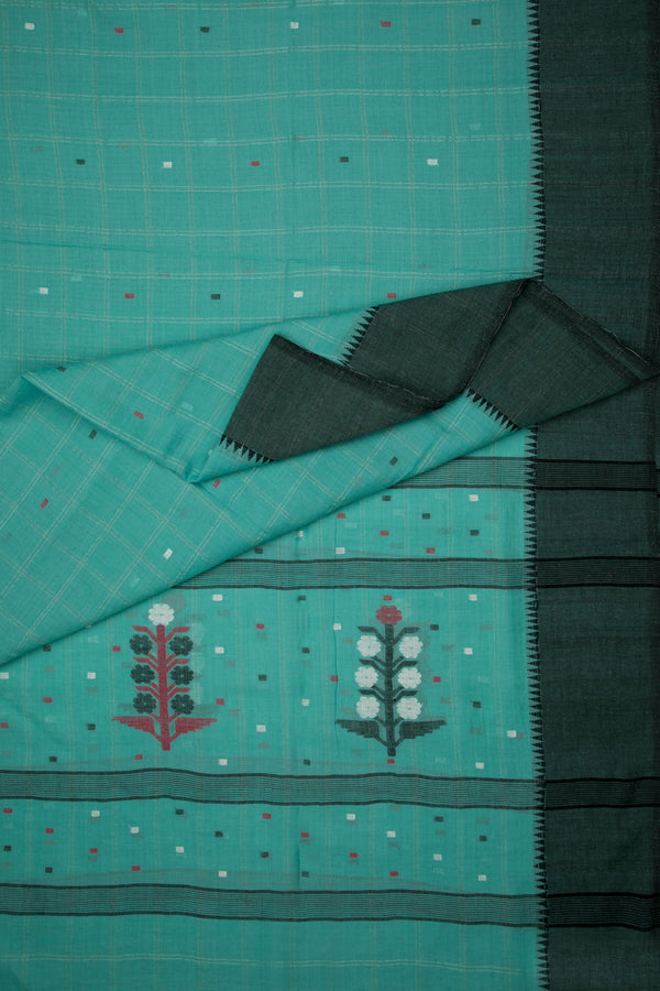 Floral Teal - Khadi Muslin Jamdani Saree