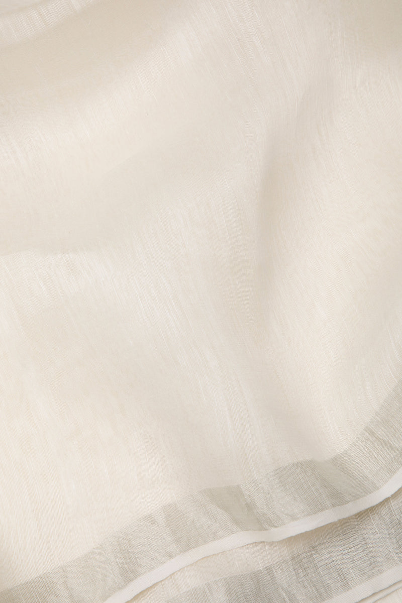 Silver White - Handwoven Silk Linen Saree