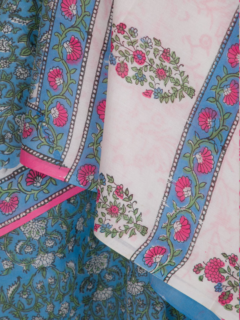 Blue Garden - Hand block Printed Mul  Saree