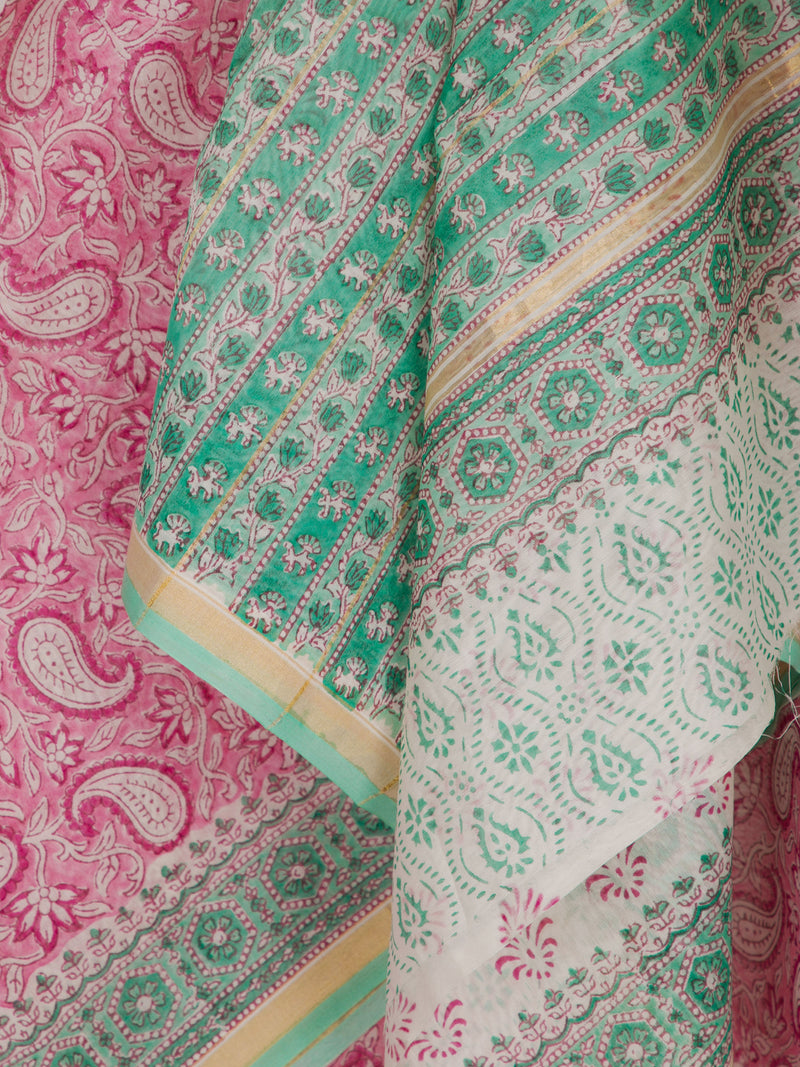 Pink Paisley - Hand Block Printed Chanderi Silk Saree