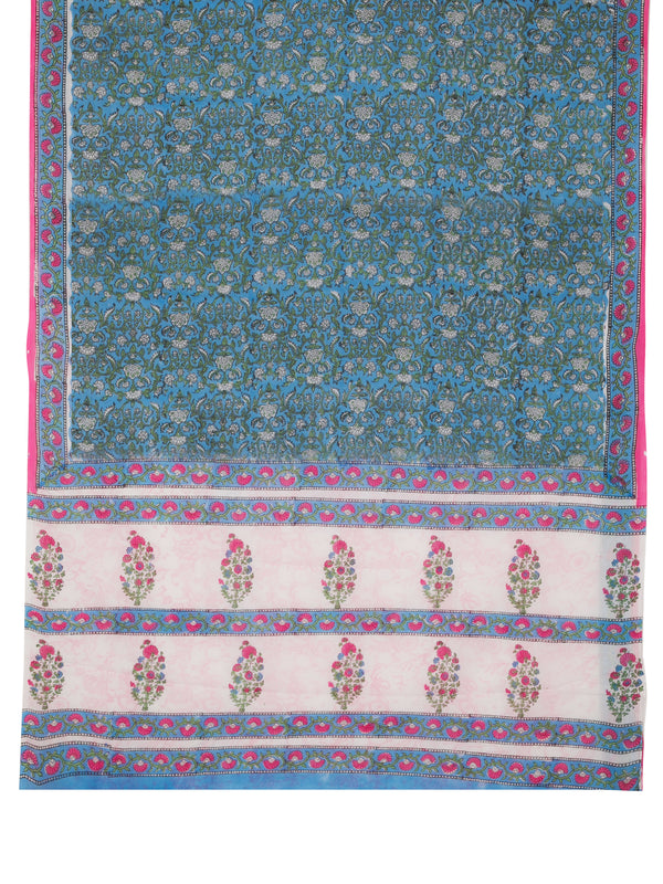 Blue Garden - Hand block Printed Mul  Saree