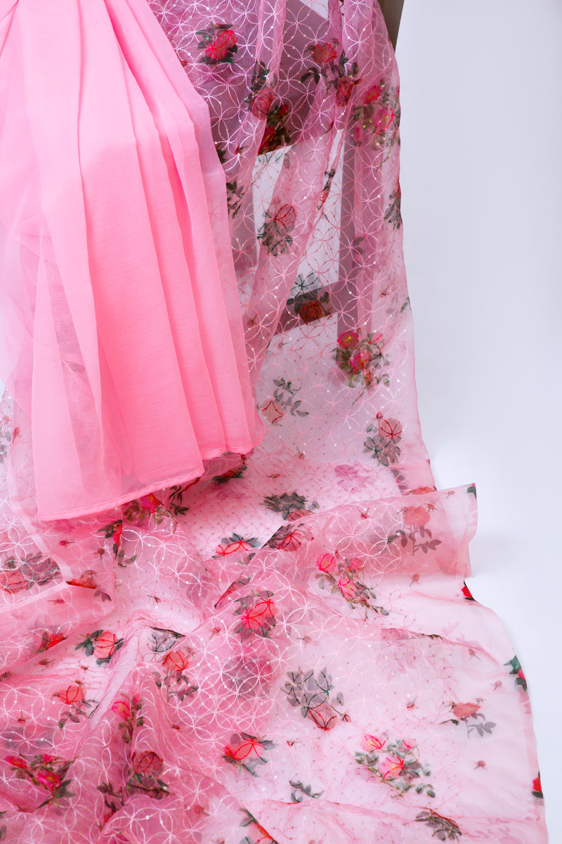 Pink on Pink  Half & Half Organza Saree