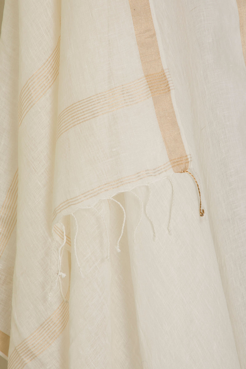 Golden White - Handwoven Linen Silk Saree