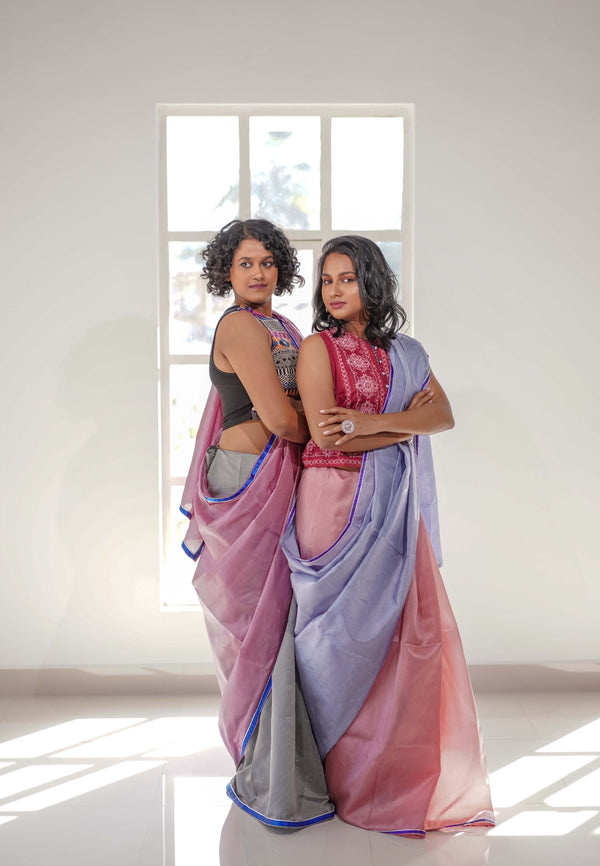 Thulian Pink  - Cloudy Grey Moonga Tussar Saree