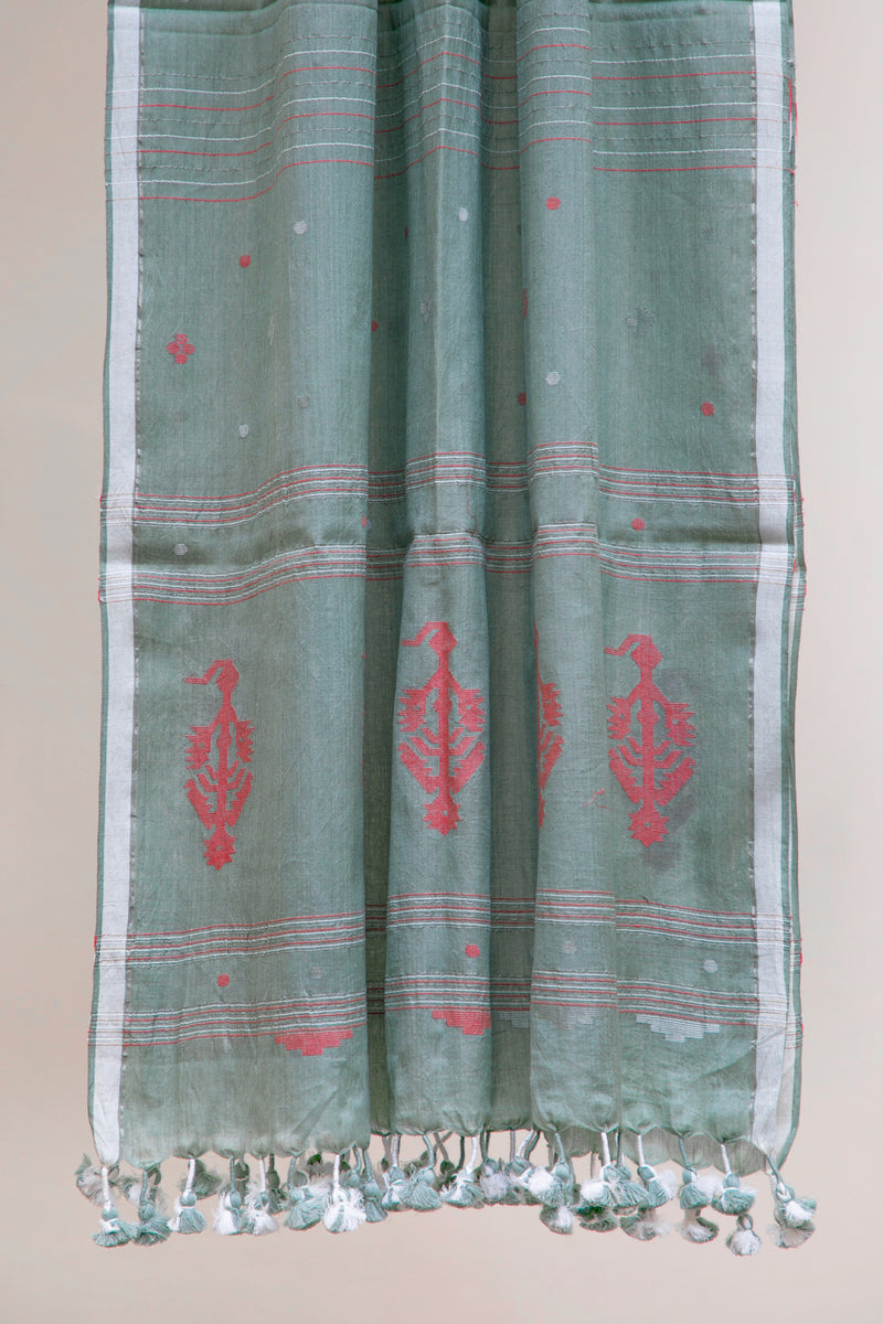 Coral On Teal - Jamdani Stole
