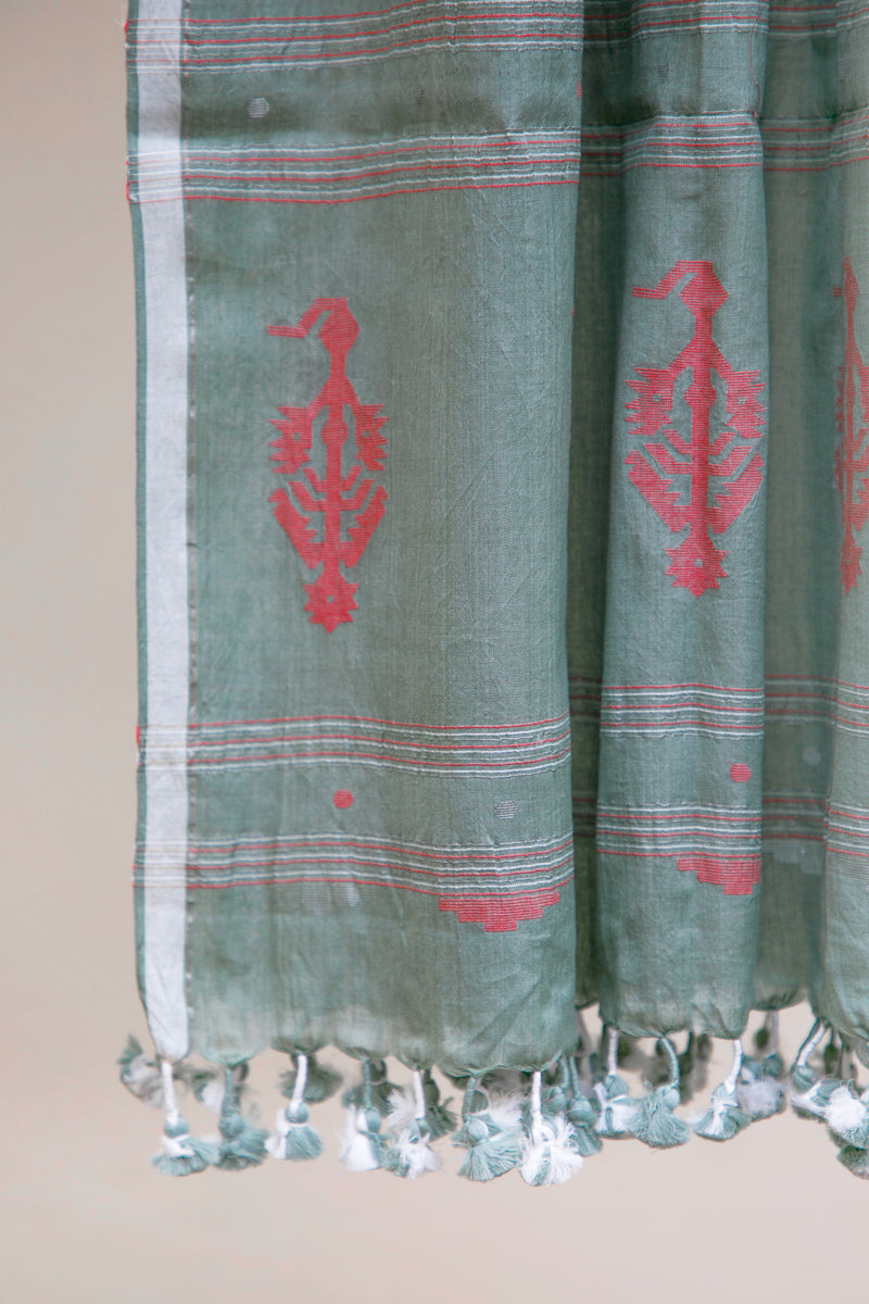 Coral On Teal - Jamdani Stole
