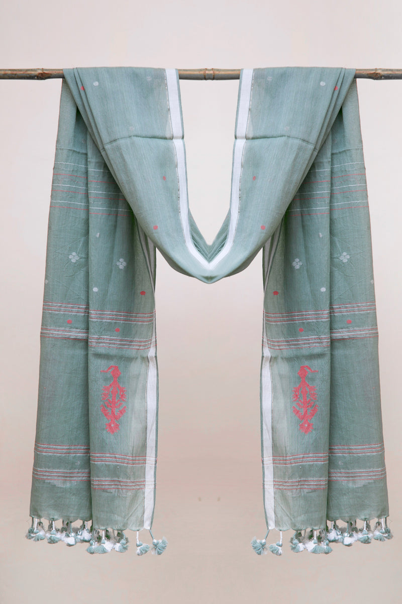 Coral On Teal - Jamdani Stole