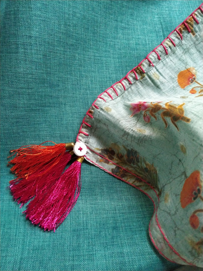 Orange Floral Prints On Grey - Pure Chanderi Silk Saree
