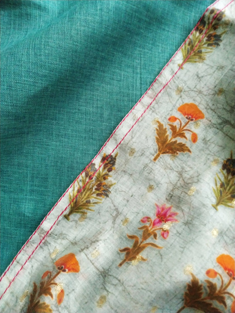 Orange Floral Prints On Grey - Pure Chanderi Silk Saree