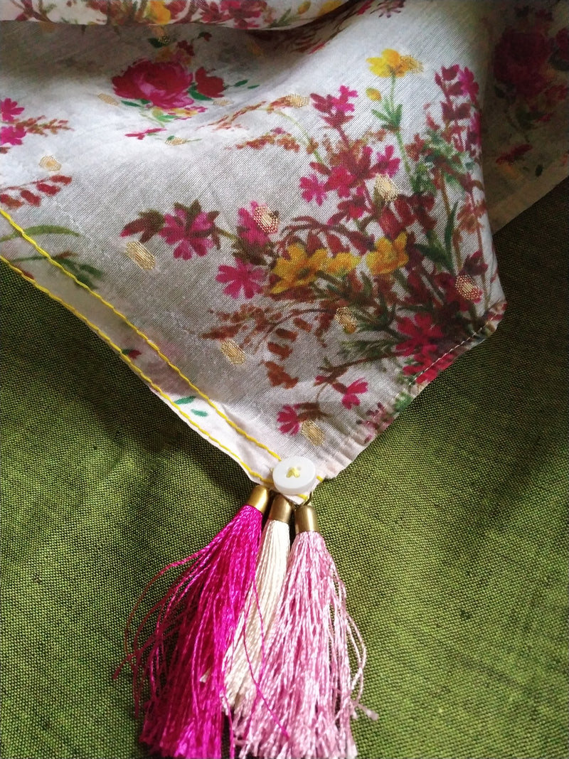 Pink Floral Prints On White - Pure Chanderi Silk Saree