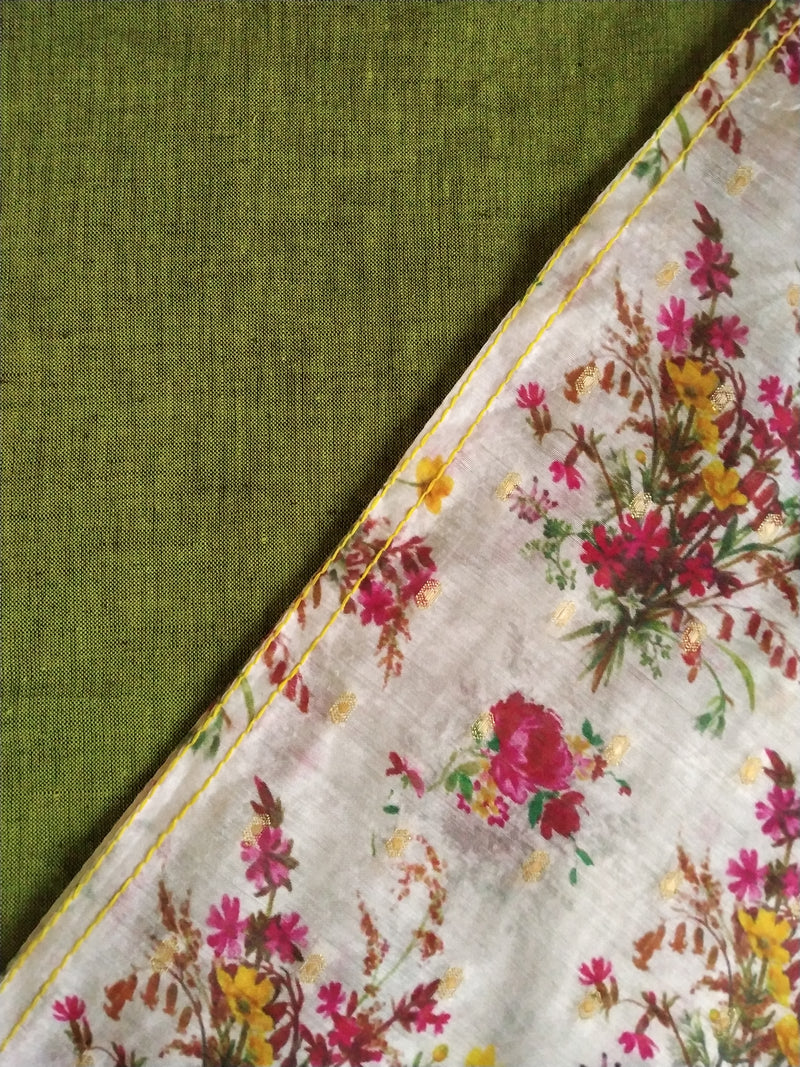 Pink Floral Prints On White - Pure Chanderi Silk Saree