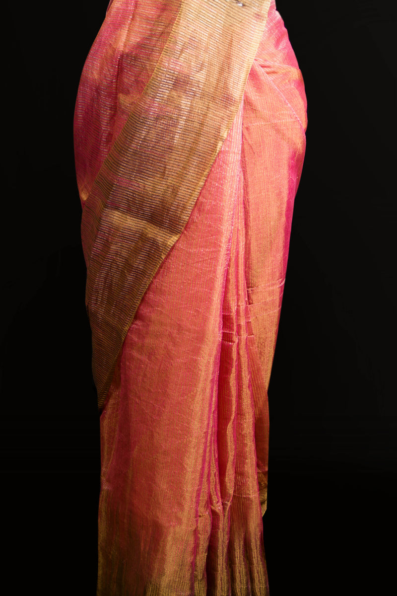 Pink - Golden Tissue Saree