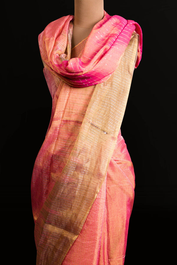 Pink - Golden Tissue Saree