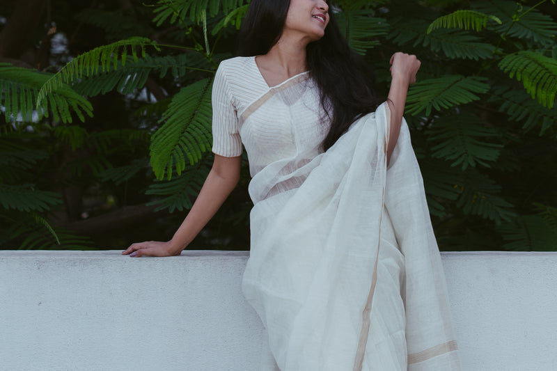 Look 4 - Linen White - Handwoven Linen Silk Saree