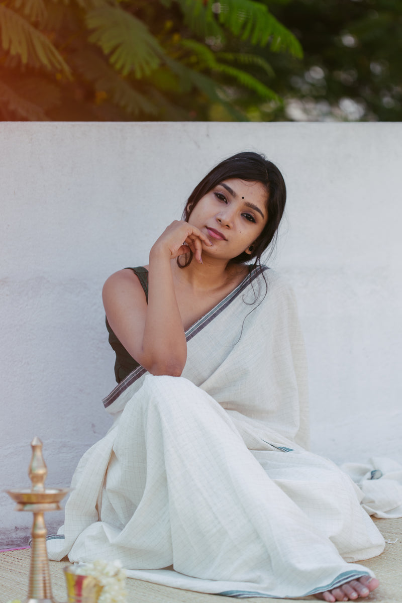 Daisy - Silver Zari Checks - Khadi Cotton Sari