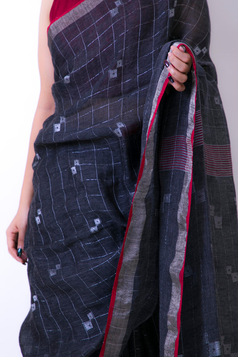 Abstract Charcoal Grey  - Handwoven Linen Saree