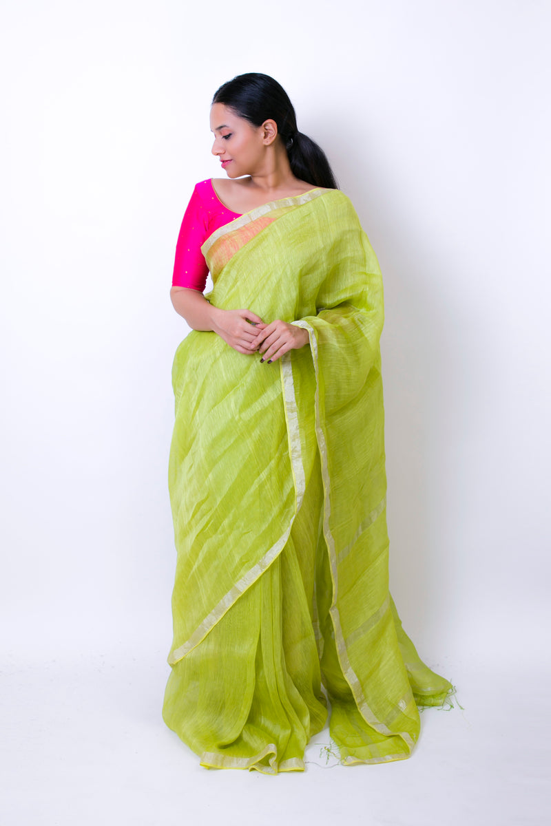 Gorgeous Green  - Handwoven Linen Silk Saree