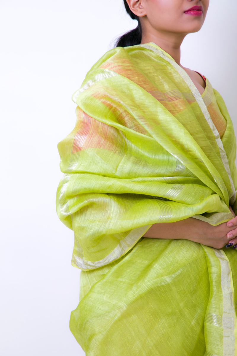 Gorgeous Green  - Handwoven Linen Silk Saree