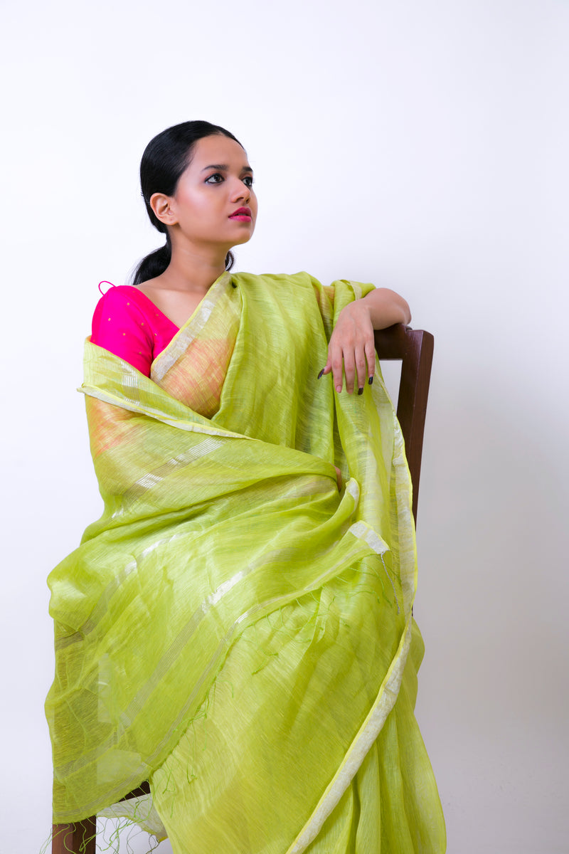 Gorgeous Green  - Handwoven Linen Silk Saree