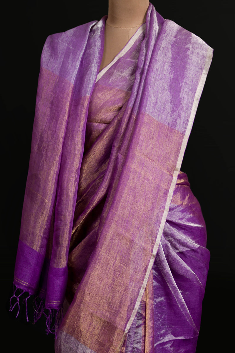Purple Handloom Linen Tissue Saree